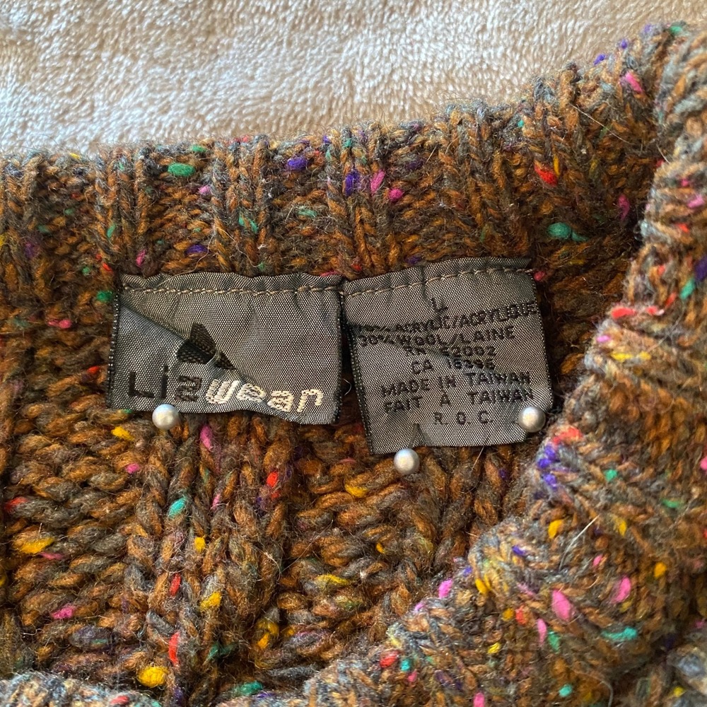 Lizwear Sweater Sz L Brown Confetti Cable Knit Wool Blend Chunky Cozy VTG Boho - Picture 6 of 10